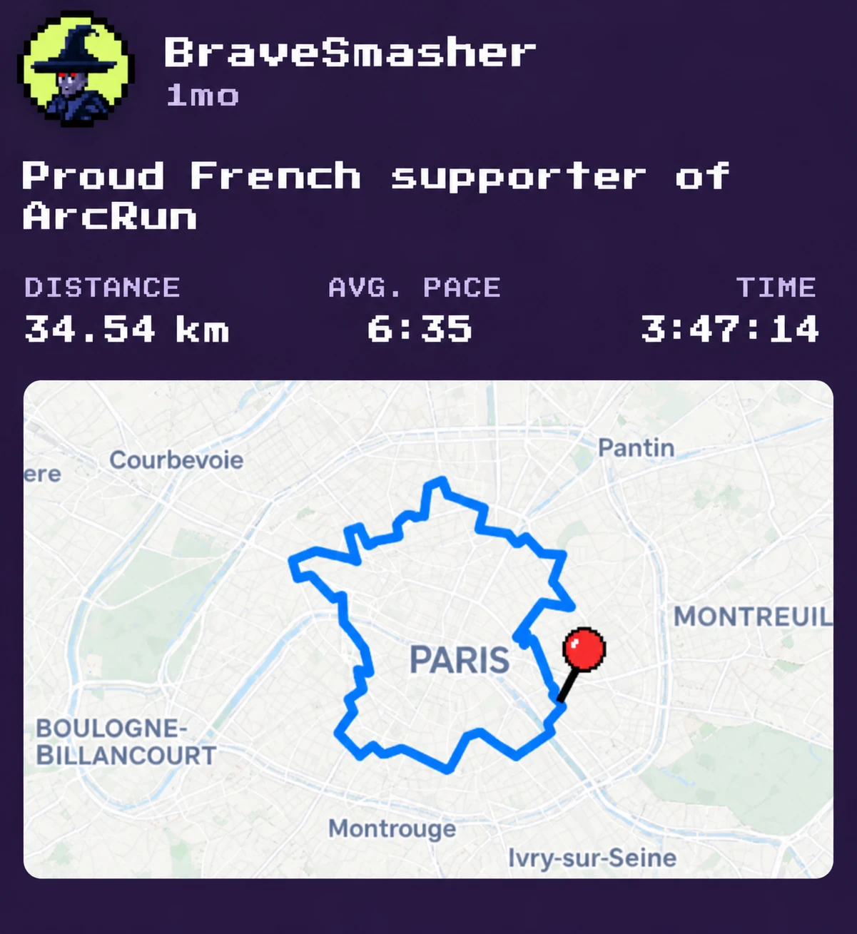 A community post: a 34.54 km run in 3:47:14, route shaped like France