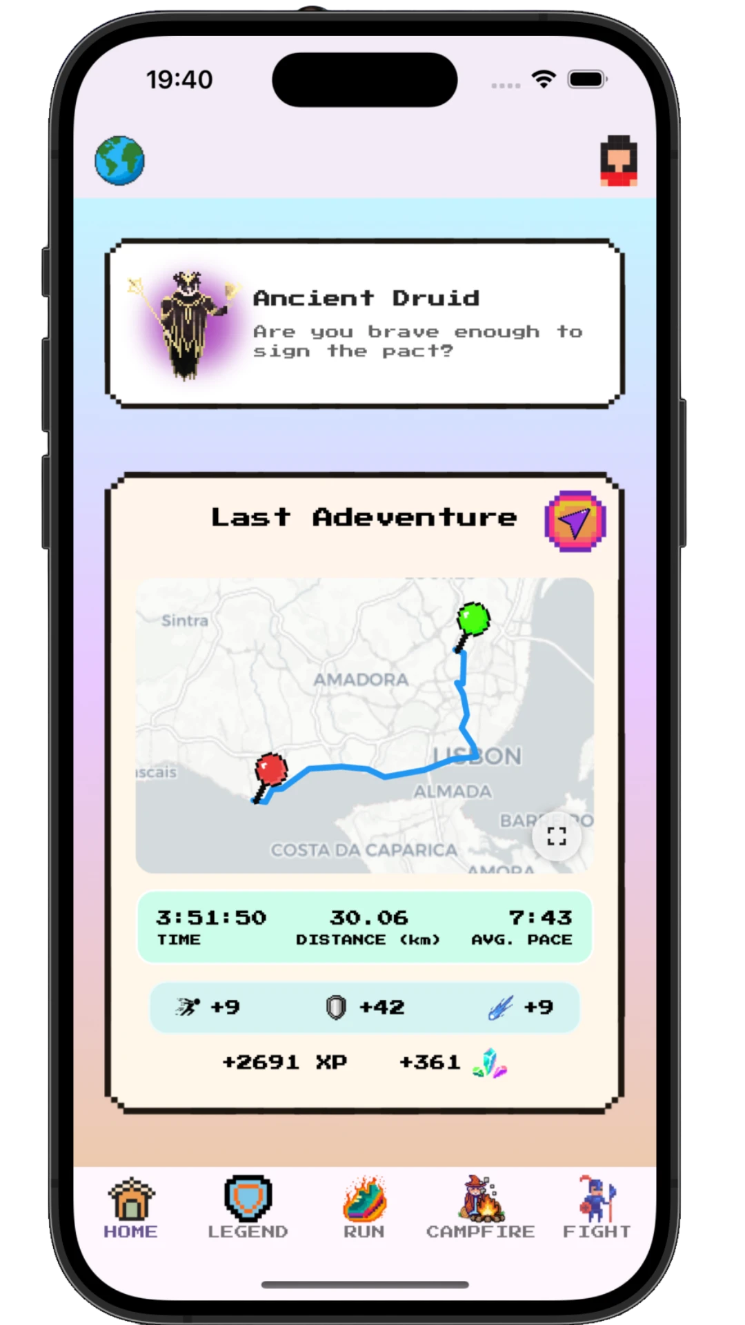 The Arc Run app home screen showing the last adventure: a 30.06 km run in 3:51:50, average pace 7:43, +2691 XP