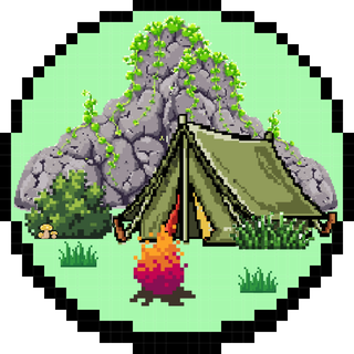 A campsite with a tent and a campfire