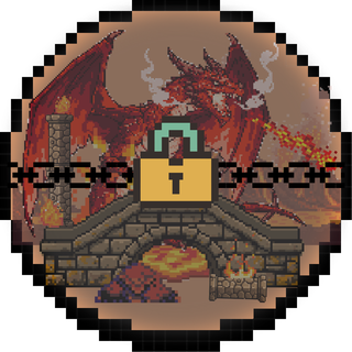 A chained padlock over a fire-breathing dragon on a bridge