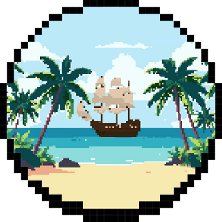 A tropical bay with a sailing ship