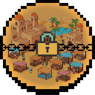 A chained padlock over a desert market town
