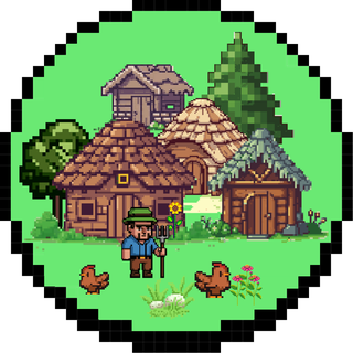 A pixel village with thatched huts and a farmer
